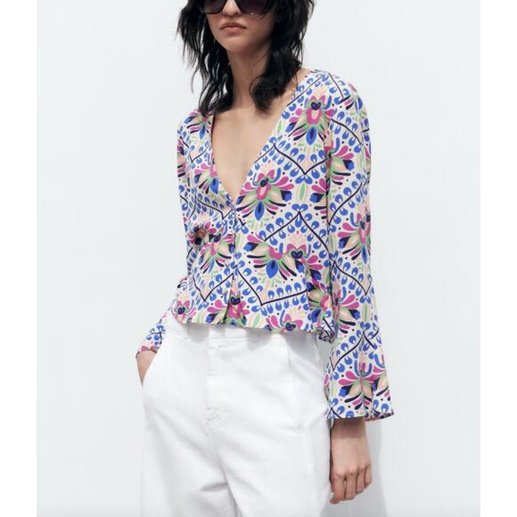 Zara Tops - ZARA White Blue Red Print Bell Sleeve V-Neckline Button Down Shirt Size M Medium